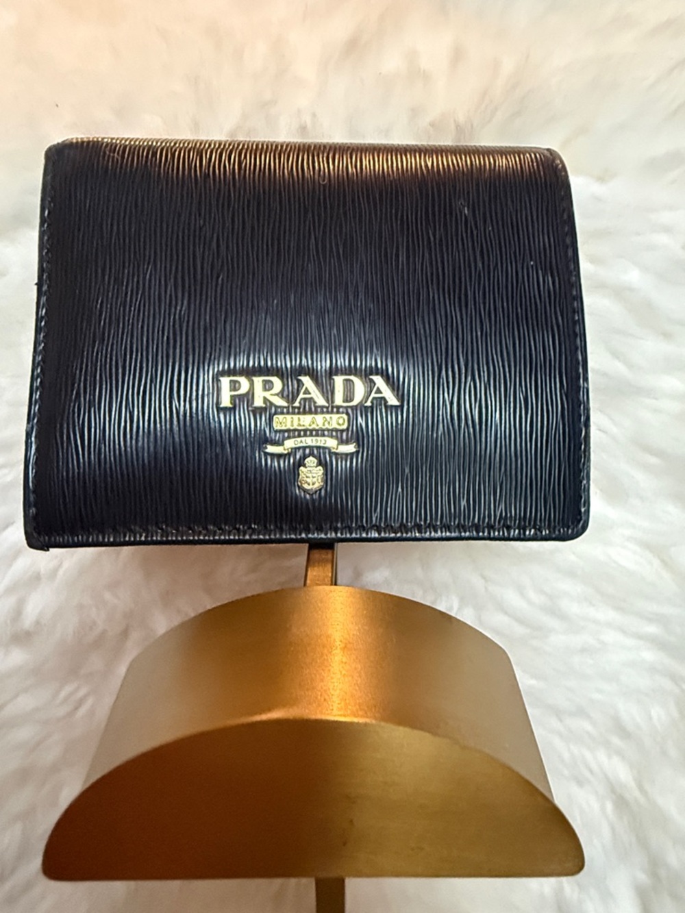 Prada Black Textured Leather Compact Wallet with Gold Logo - Picture 2 of 5
